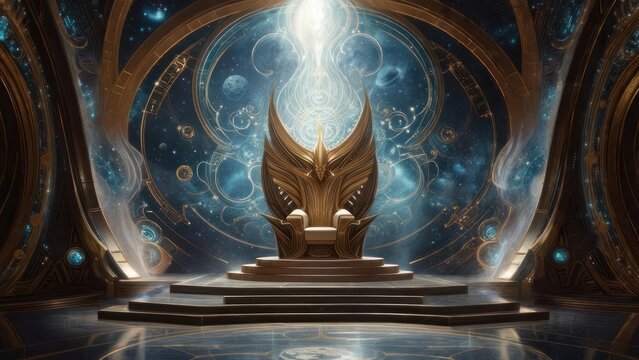 Ethereal Energy Illuminates a Majestic Golden Throne in a Cosmic Sanctuary - Powered by Adobe