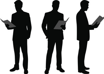 Business silhouettes, formal attire, professionals reading documents, corporate team, office workers, standing pose, business meeting, presentation concept, vector illustration, teamwork, strategy.