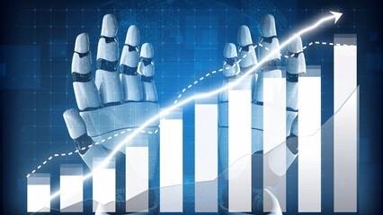 A high-tech illustration featuring robotic hands and ascending bar graphs, symbolizing growth and technological advancement in business and finance sectors. Copula
