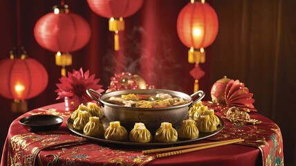 Naklejka premium Festive Lunar New Year Celebration with Traditional Dumplings and Hot Pot with Red Lanterns for Prosperity and Abundance