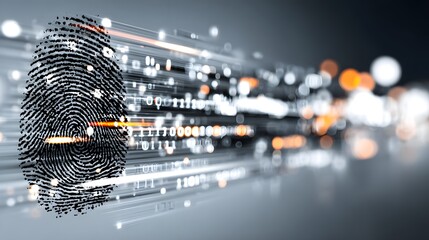 Digital fingerprint scan with binary code and glowing orange light beam for biometric authentication.
