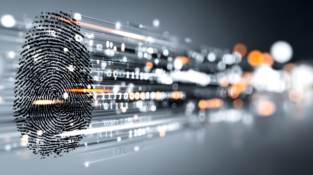 Digital fingerprint scan with binary code and glowing orange light beam for biometric authentication. - Powered by Adobe