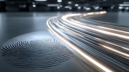 A textured digital fingerprint with curving streams of glowing orange light representing data flow and biometric identity.