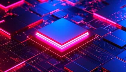 Abstract circuit board with glowing square processor
