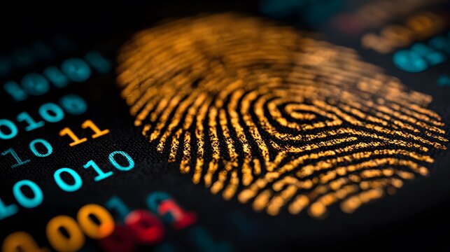 A glowing orange fingerprint and cyan binary code symbolizing digital identity and biometrics.