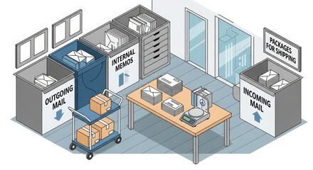 Office mailroom with sorting stations, delivery cart, and processing table