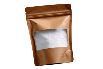 Light-brown paper pouch, resealable, holds white powder.  Windowed for viewing contents