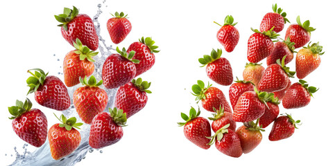 Fresh Strawberries Splashing, Two Clusters, Isolated on Transparent Background, Food Photography, Juicy Berries, strawberry, fruit, splash