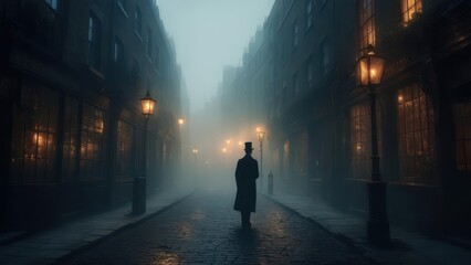 Foggy city street at night