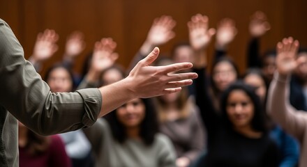 Audience Raising Hands During Presentation or Lecture in Conference Room with Diverse Group of People Attending Event
