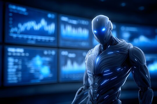 Sleek humanoid robot with a muscular build glowing blue eyes and integrated light circuits.