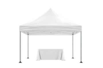 A white pop-up tent with a table underneath, angled slightly, sits on a plain background.  Simple design, showing sturdy metal supports and a white canopy.  Empty, ready for use