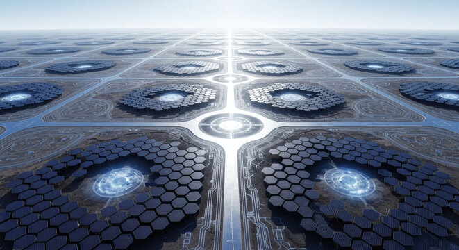 A vast, futuristic grid of hexagonal energy collectors with glowing blue cores stretching towards a bright horizon.