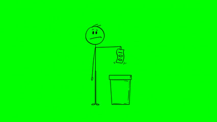 Stickman sad about losing money – financial loss illustration, Funny stickman wasting money – comic line art, Stickman throwing cash away – bad investment concept