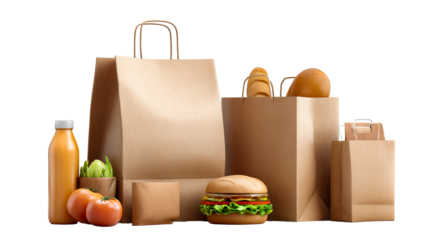 Group of paper bags with food items and drink