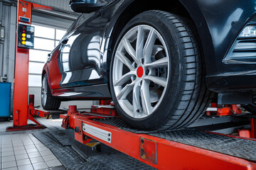 Car on a wheel alignment lift in auto service. Diagnosis of the chassis of the car raised at the elevator.