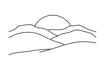 Minimalist single line drawing layered hills with a sun abstract contour