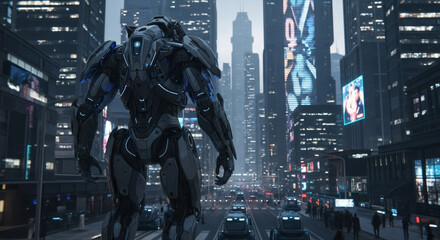 A colossal armored robot stands watch over a bustling, neon-lit futuristic city street.