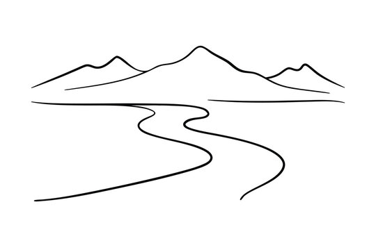 Minimalist single line drawing distant mountains a winding river landscape nature