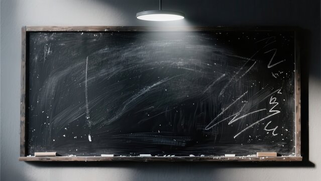 A dusty, scratched chalkboard illuminated by a single overhead light, ready for writing.