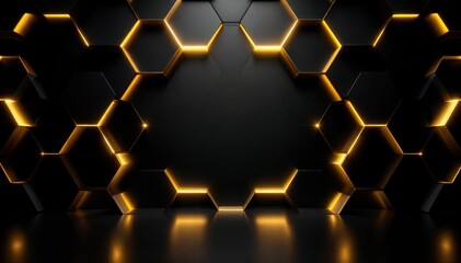Abstract background featuring black hexagonal shapes with glowing golden edges, creating a modern and futuristic design.