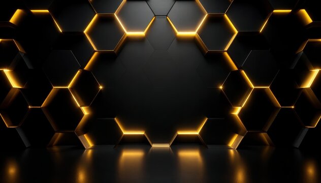 Abstract background featuring black hexagonal shapes with glowing golden edges, creating a modern and futuristic design.