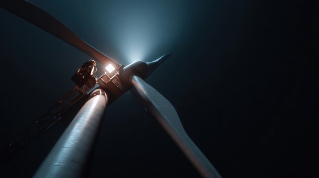 Maintenance robot is repairing wind turbine at night, illuminated by bright light, showcasing advanced technology and innovation in renewable energy