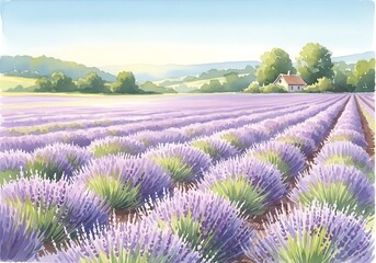 Fototapeta premium Watercolor painting of a lavender field in provence france on a sunny day with a small house in the distance
