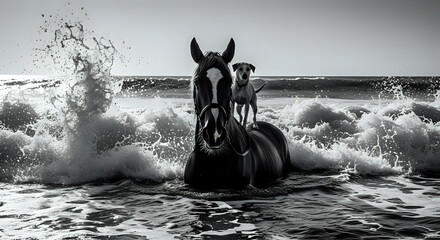 Obraz premium A monochrome image of a horse standing in the ocean with a dog perched on its back amidst crashing waves
