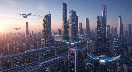 Fototapeta premium Futuristic cityscape featuring tall skyscrapers, flying vehicles, and elevated transportation systems.