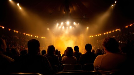 Captivating view from audience perspective inside circus tent, showcasing bright stage lights and misty atmosphere, creating exciting and immersive experience