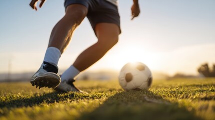 Naklejka premium Player kicks soccer ball on grassy field during sunset, showcasing dynamic motion and energy of sport. warm light enhances scene, creating vibrant atmosphere