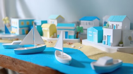 Fototapeta premium Vibrant coastal city model showcases colorful buildings and boats during summer. scene captures playful atmosphere with sandy shores and bright blue waters, evoking sense of joy and relaxation