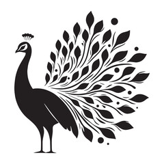 Luxurious Peacock Silhouette – Peacock Vector Graphic in Fine Black Detail for Print – Black Vector of Peacock

