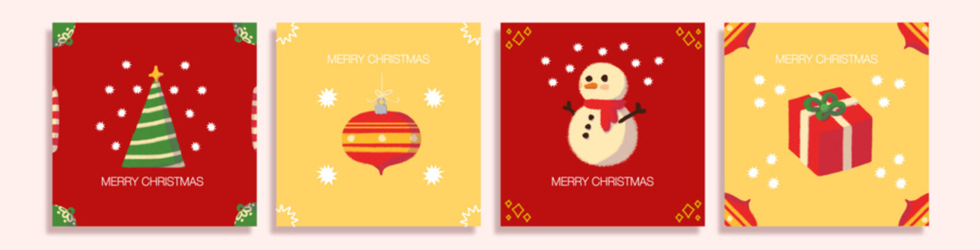 colecci&oacute;n de cards navide&ntilde;as con ilustraciones dibujadas a mano de &aacute;rbol de navidad, esfera, mu&ntilde;eco de nieve y regalo