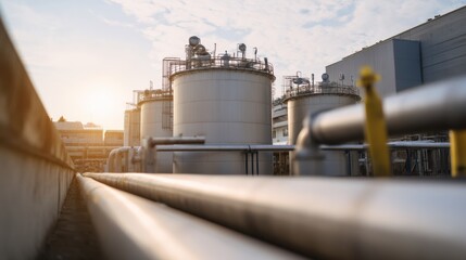 Obraz premium Eco friendly chemical plant featuring large storage tanks and industrial piping under beautiful sunset. scene captures essence of sustainable production and innovation
