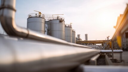 Eco friendly chemical plant with large storage tanks and pipelines, showcasing modern industrial design and sustainable practices. scene reflects innovation and environmental responsibility