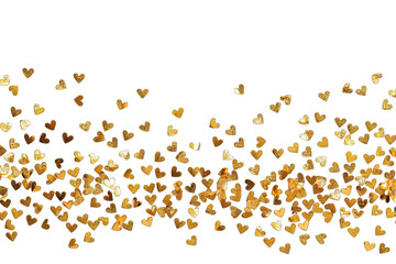 Gold heart confetti bursts horizontally across a black background