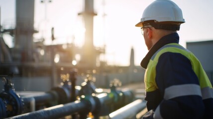 Worker in safety gear observes industrial equipment during sunny day, ensuring proper functioning of control valves in facility. scene conveys diligence and professionalism