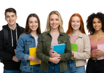 Happy multi-ethnic group of college students holding books and smiling together on a white background.