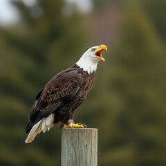 A bald eagle perched atop a wooden post with its beak open against a blurred green background outdoors