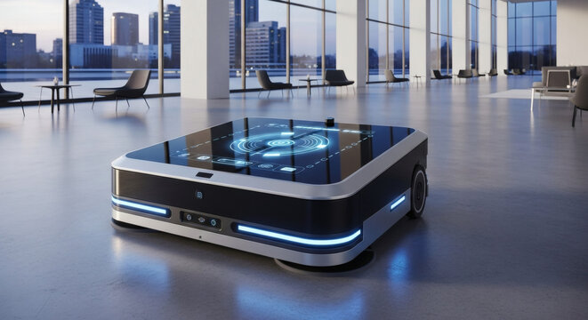 A sleek autonomous mobile robot with glowing blue lights navigates a modern, spacious interior with a city view.