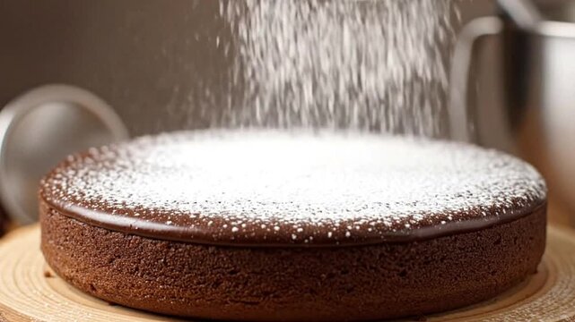 A chocolate cake sits on a wooden base dusted with powdered sugar