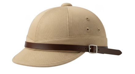 Khaki pith helmet with leather strap isolated on transparent background