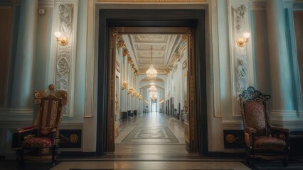 Obraz premium Grand Hallway Perspective: Ornate Architecture, Golden Details, Chandelier Lighting.