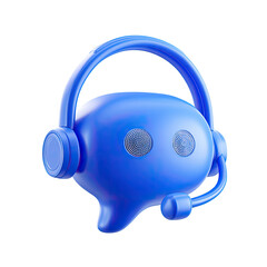A vibrant blue speech bubble graphic, shaped like a 3D bubble, adorned with a headset