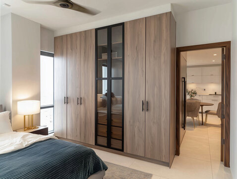 Armario alto de madera con puertas de vidrio en dormitorio moderno, dise&ntilde;o elegante y funcional con iluminaci&oacute;n c&aacute;lida, ideal para almacenamiento organizado y decoraci&oacute;n contempor&aacute;nea. Cristalera