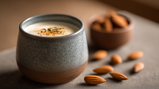 Rustic ceramic cup filled with chai tea, topped with seeds and spices and almonds in brown bowl on neutral background.