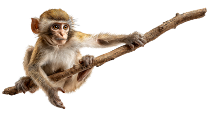 Young Monkey Gripping Tree Branch on White PNG