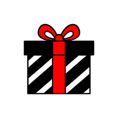 Gift box black, white stripes, red bow isolated background, present icon